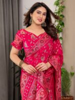 Magenta Pink Fendi Satin Floral Block & Foil Printed Saree with Ornamental Border, Tassel Edges & Attached Blouse - Image 8