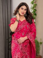 Magenta Pink Fendi Satin Floral Block & Foil Printed Saree with Ornamental Border, Tassel Edges & Attached Blouse - Image 10