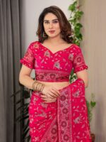 Magenta Pink Fendi Satin Floral Block & Foil Printed Saree with Ornamental Border, Tassel Edges & Attached Blouse - Image 4