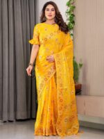 Sunshine Yellow Fendi Satin Floral Block & Foil Printed Saree with Ornamental Border, Tassel Edges & Attached Blouse - Image 8