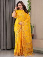 Sunshine Yellow Fendi Satin Floral Block & Foil Printed Saree with Ornamental Border, Tassel Edges & Attached Blouse - Image 6