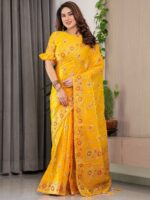 Sunshine Yellow Fendi Satin Floral Block & Foil Printed Saree with Ornamental Border, Tassel Edges & Attached Blouse - Image 10
