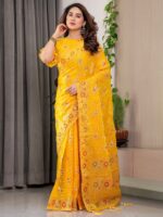 Sunshine Yellow Fendi Satin Floral Block & Foil Printed Saree with Ornamental Border, Tassel Edges & Attached Blouse - Image 11