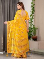 Sunshine Yellow Fendi Satin Floral Block & Foil Printed Saree with Ornamental Border, Tassel Edges & Attached Blouse - Image 4