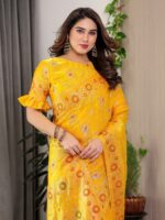 Sunshine Yellow Fendi Satin Floral Block & Foil Printed Saree with Ornamental Border, Tassel Edges & Attached Blouse - Image 5