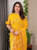 Sunshine Yellow Fendi Satin Floral Block & Foil Printed Saree with Ornamental Border, Tassel Edges & Attached Blouse - Image 7