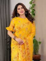 Sunshine Yellow Fendi Satin Floral Block & Foil Printed Saree with Ornamental Border, Tassel Edges & Attached Blouse - Image 9