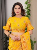 Sunshine Yellow Fendi Satin Floral Block & Foil Printed Saree with Ornamental Border, Tassel Edges & Attached Blouse - Image 3