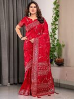 Bridal Red Fendi Satin Floral Block & Foil Printed Saree with Ornamental Border, Tassel Edges & Attached Blouse - Image 6
