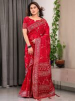 Bridal Red Fendi Satin Floral Block & Foil Printed Saree with Ornamental Border, Tassel Edges & Attached Blouse - Image 8