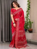 Bridal Red Fendi Satin Floral Block & Foil Printed Saree with Ornamental Border, Tassel Edges & Attached Blouse - Image 10