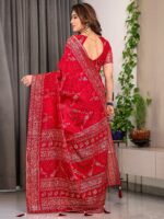 Bridal Red Fendi Satin Floral Block & Foil Printed Saree with Ornamental Border, Tassel Edges & Attached Blouse - Image 3