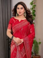 Bridal Red Fendi Satin Floral Block & Foil Printed Saree with Ornamental Border, Tassel Edges & Attached Blouse - Image 9