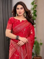 Bridal Red Fendi Satin Floral Block & Foil Printed Saree with Ornamental Border, Tassel Edges & Attached Blouse - Image 7