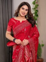Bridal Red Fendi Satin Floral Block & Foil Printed Saree with Ornamental Border, Tassel Edges & Attached Blouse - Image 5