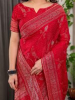 Bridal Red Fendi Satin Floral Block & Foil Printed Saree with Ornamental Border, Tassel Edges & Attached Blouse - Image 2