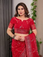 Bridal Red Fendi Satin Floral Block & Foil Printed Saree with Ornamental Border, Tassel Edges & Attached Blouse - Image 4