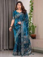 Teal Blue Fendi Satin Floral Block & Foil Printed Saree with Ornamental Border, Tassel Edges & Attached Blouse - Image 6