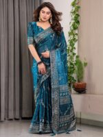 Teal Blue Fendi Satin Floral Block & Foil Printed Saree with Ornamental Border, Tassel Edges & Attached Blouse - Image 8