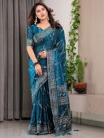 Teal Blue Fendi Satin Floral Block & Foil Printed Saree with Ornamental Border, Tassel Edges & Attached Blouse - Image 10