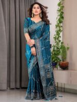 Teal Blue Fendi Satin Floral Block & Foil Printed Saree with Ornamental Border, Tassel Edges & Attached Blouse - Image 11
