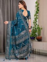 Teal Blue Fendi Satin Floral Block & Foil Printed Saree with Ornamental Border, Tassel Edges & Attached Blouse - Image 3