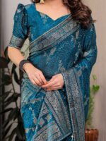 Teal Blue Fendi Satin Floral Block & Foil Printed Saree with Ornamental Border, Tassel Edges & Attached Blouse - Image 2