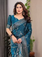 Teal Blue Fendi Satin Floral Block & Foil Printed Saree with Ornamental Border, Tassel Edges & Attached Blouse - Image 5