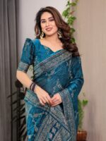 Teal Blue Fendi Satin Floral Block & Foil Printed Saree with Ornamental Border, Tassel Edges & Attached Blouse - Image 9
