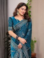 Teal Blue Fendi Satin Floral Block & Foil Printed Saree with Ornamental Border, Tassel Edges & Attached Blouse - Image 7