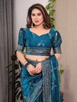 Teal Blue Fendi Satin Floral Block & Foil Printed Saree with Ornamental Border, Tassel Edges & Attached Blouse - Image 4