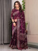 Wine Purple Fendi Satin Floral Block & Foil Printed Saree with Ornamental Border, Tassel Edges & Attached Blouse - Image 6