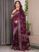 Wine Purple Fendi Satin Floral Block & Foil Printed Saree with Ornamental Border, Tassel Edges & Attached Blouse - Image 8