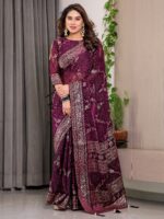 Wine Purple Fendi Satin Floral Block & Foil Printed Saree with Ornamental Border, Tassel Edges & Attached Blouse - Image 10