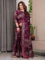 Wine Purple Fendi Satin Floral Block & Foil Printed Saree with Ornamental Border, Tassel Edges & Attached Blouse - Image 11
