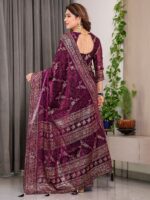 Wine Purple Fendi Satin Floral Block & Foil Printed Saree with Ornamental Border, Tassel Edges & Attached Blouse - Image 4