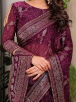 Wine Purple Fendi Satin Floral Block & Foil Printed Saree with Ornamental Border, Tassel Edges & Attached Blouse - Image 2