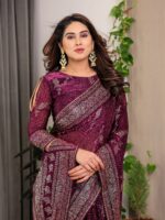 Wine Purple Fendi Satin Floral Block & Foil Printed Saree with Ornamental Border, Tassel Edges & Attached Blouse - Image 5