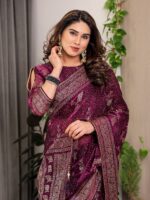 Wine Purple Fendi Satin Floral Block & Foil Printed Saree with Ornamental Border, Tassel Edges & Attached Blouse - Image 7