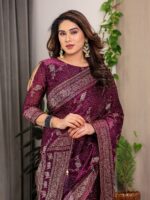 Wine Purple Fendi Satin Floral Block & Foil Printed Saree with Ornamental Border, Tassel Edges & Attached Blouse - Image 9