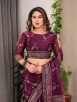 Wine Purple Fendi Satin Floral Block & Foil Printed Saree with Ornamental Border, Tassel Edges & Attached Blouse - Image 3
