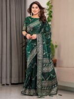 Bottle Green Fendi Satin Floral Block & Foil Printed Saree with Ornamental Border, Tassel Edges & Attached Blouse - Image 6