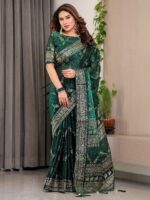 Bottle Green Fendi Satin Floral Block & Foil Printed Saree with Ornamental Border, Tassel Edges & Attached Blouse - Image 8