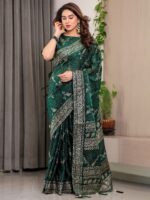 Bottle Green Fendi Satin Floral Block & Foil Printed Saree with Ornamental Border, Tassel Edges & Attached Blouse - Image 10