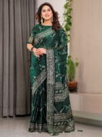 Bottle Green Fendi Satin Floral Block & Foil Printed Saree with Ornamental Border, Tassel Edges & Attached Blouse - Image 11