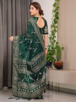 Bottle Green Fendi Satin Floral Block & Foil Printed Saree with Ornamental Border, Tassel Edges & Attached Blouse - Image 3