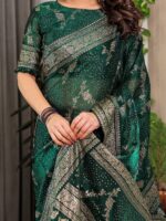 Bottle Green Fendi Satin Floral Block & Foil Printed Saree with Ornamental Border, Tassel Edges & Attached Blouse - Image 2