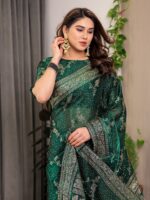 Bottle Green Fendi Satin Floral Block & Foil Printed Saree with Ornamental Border, Tassel Edges & Attached Blouse - Image 7