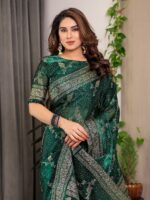 Bottle Green Fendi Satin Floral Block & Foil Printed Saree with Ornamental Border, Tassel Edges & Attached Blouse - Image 9