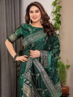 Bottle Green Fendi Satin Floral Block & Foil Printed Saree with Ornamental Border, Tassel Edges & Attached Blouse - Image 5